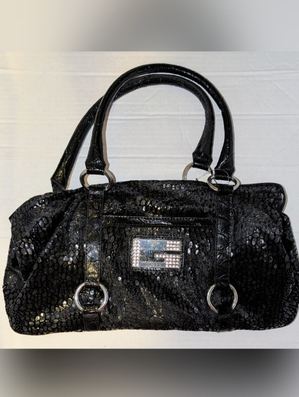 [Nwt] Vintage Y2k Guess Bling Bag Black Reptile Rhinestone G Logo Deadstock Mint